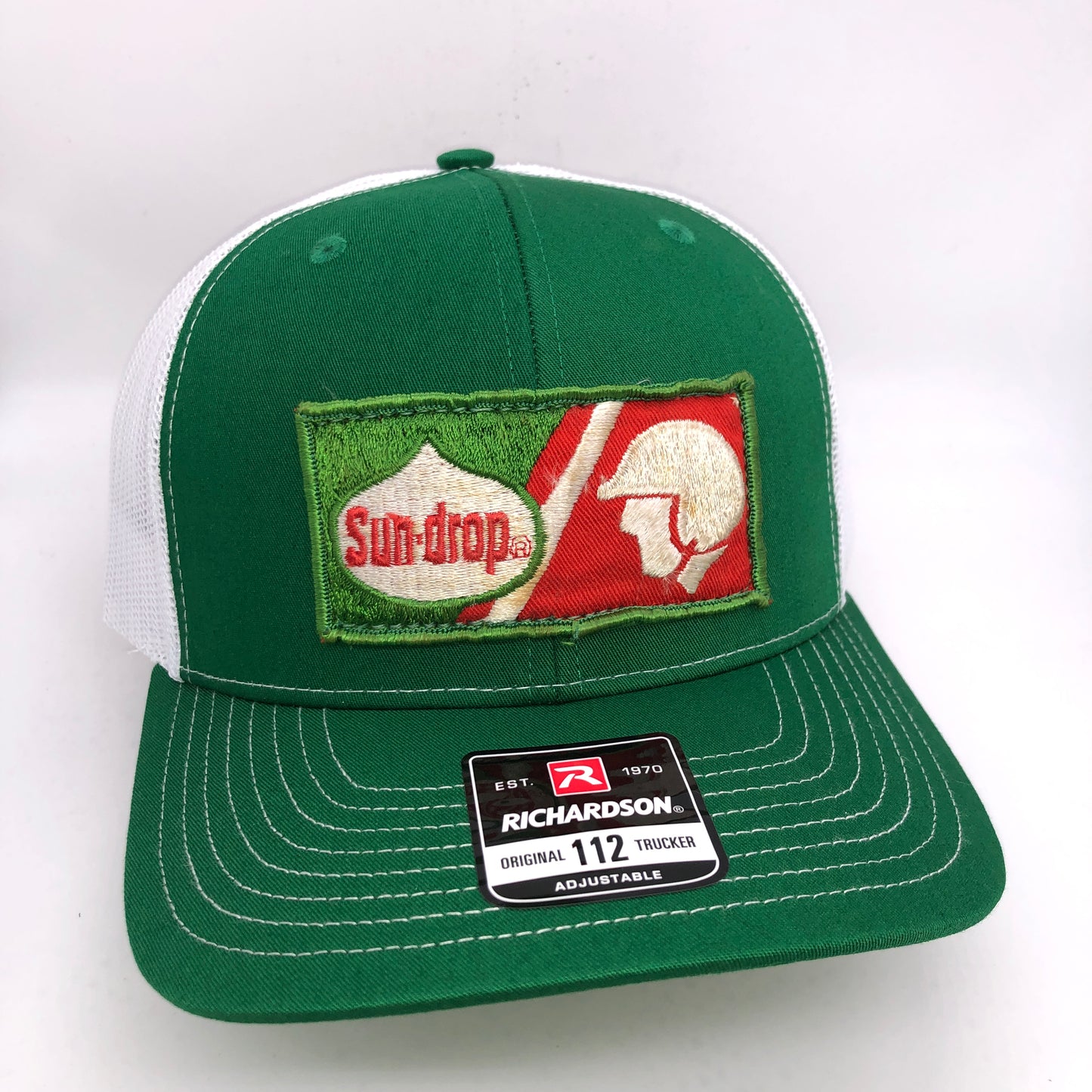 Vintage Sun Drop Racing Patch sewn onto New Richardson 112 Trucker Hat
