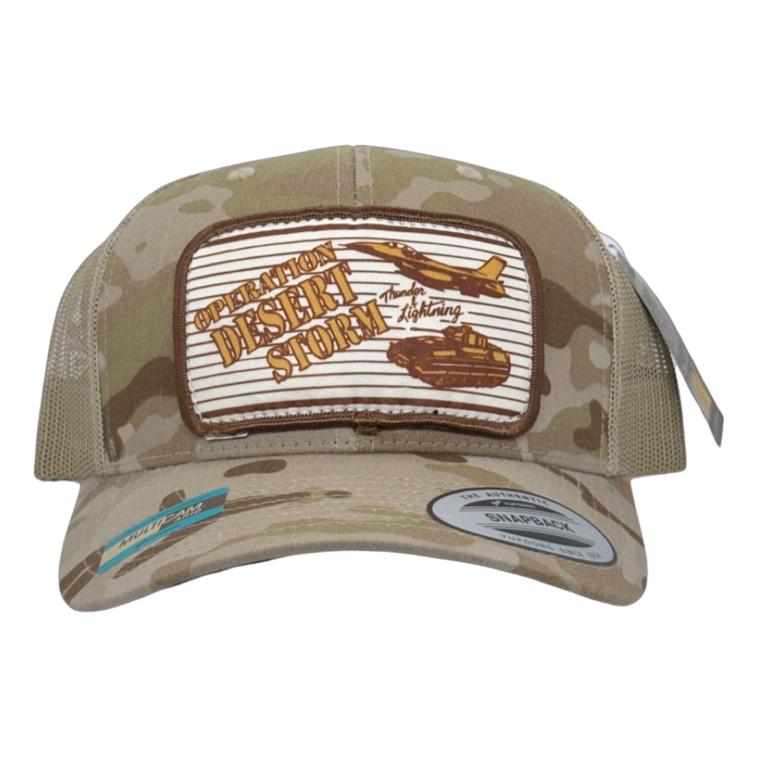 Vintage Operation Desert Storm Patch sewn onto New Yupoong 6606 Multicam Camo Khaki