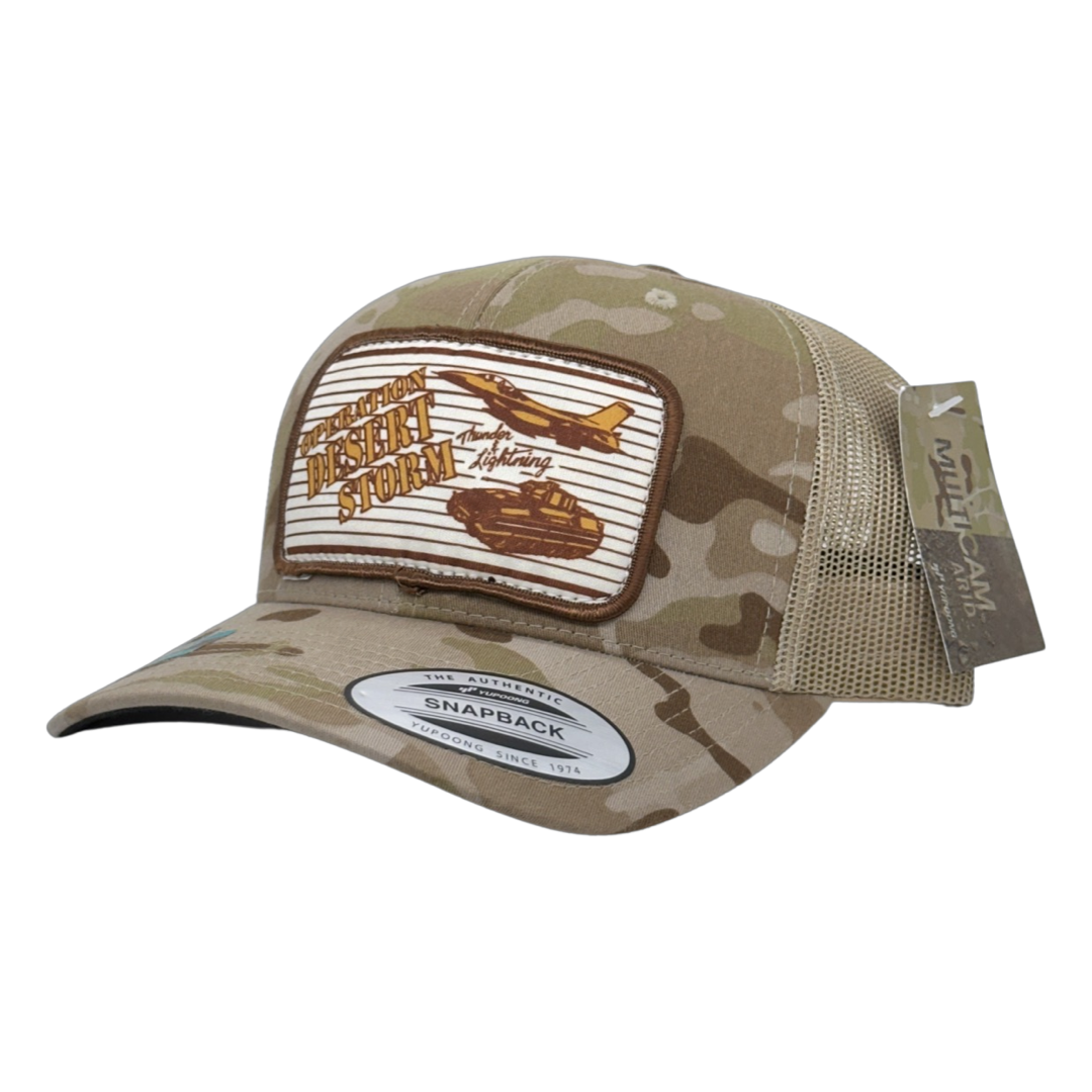 Vintage Operation Desert Storm Patch sewn onto New Yupoong 6606 Multicam Camo Khaki