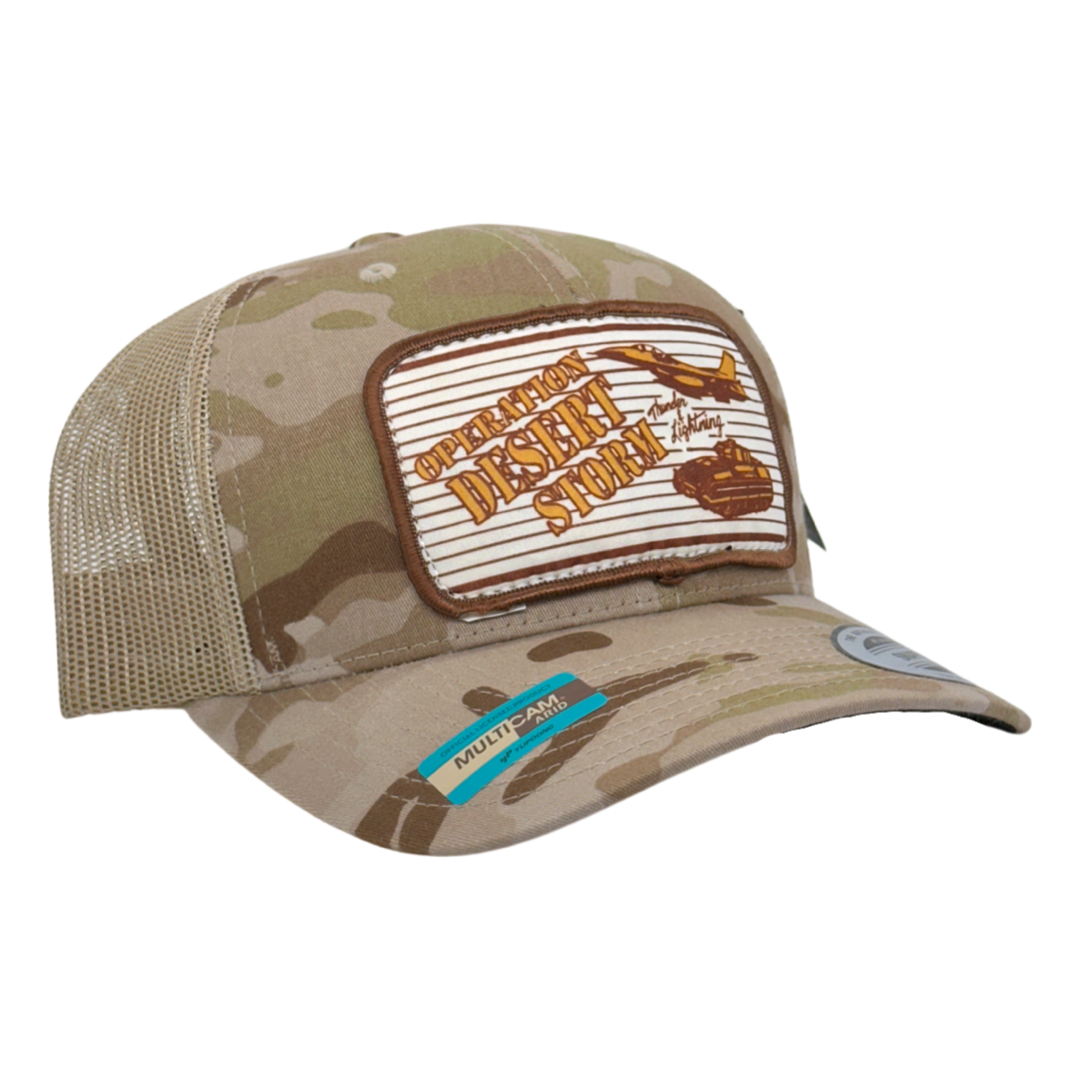 Vintage Operation Desert Storm Patch sewn onto New Yupoong 6606 Multicam Camo Khaki