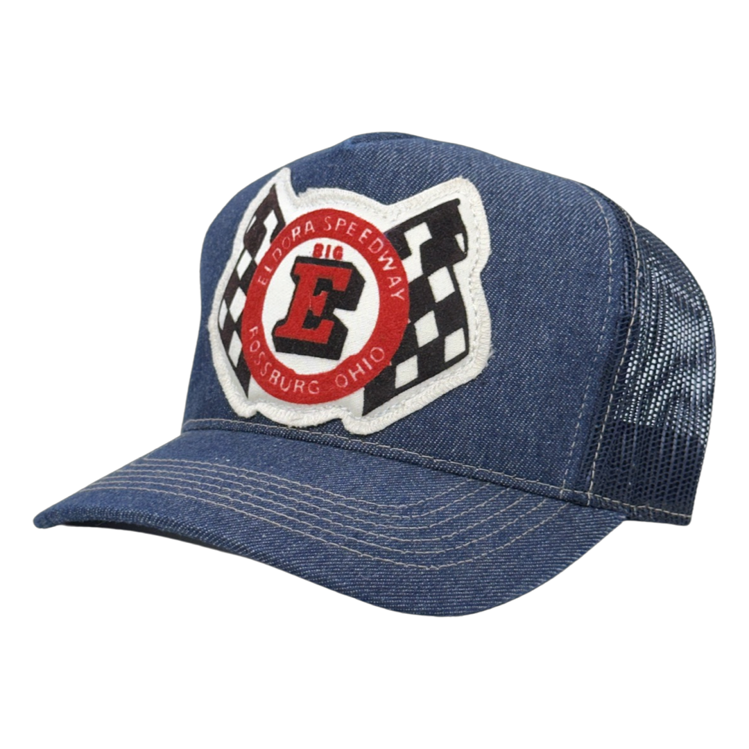 Vintage Eldora Speedway Patch sewn onto New Denim Trucker Hat