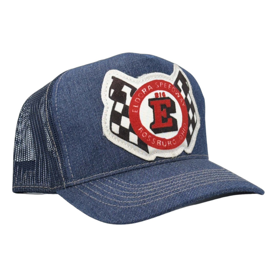 Vintage Eldora Speedway Patch sewn onto New Denim Trucker Hat