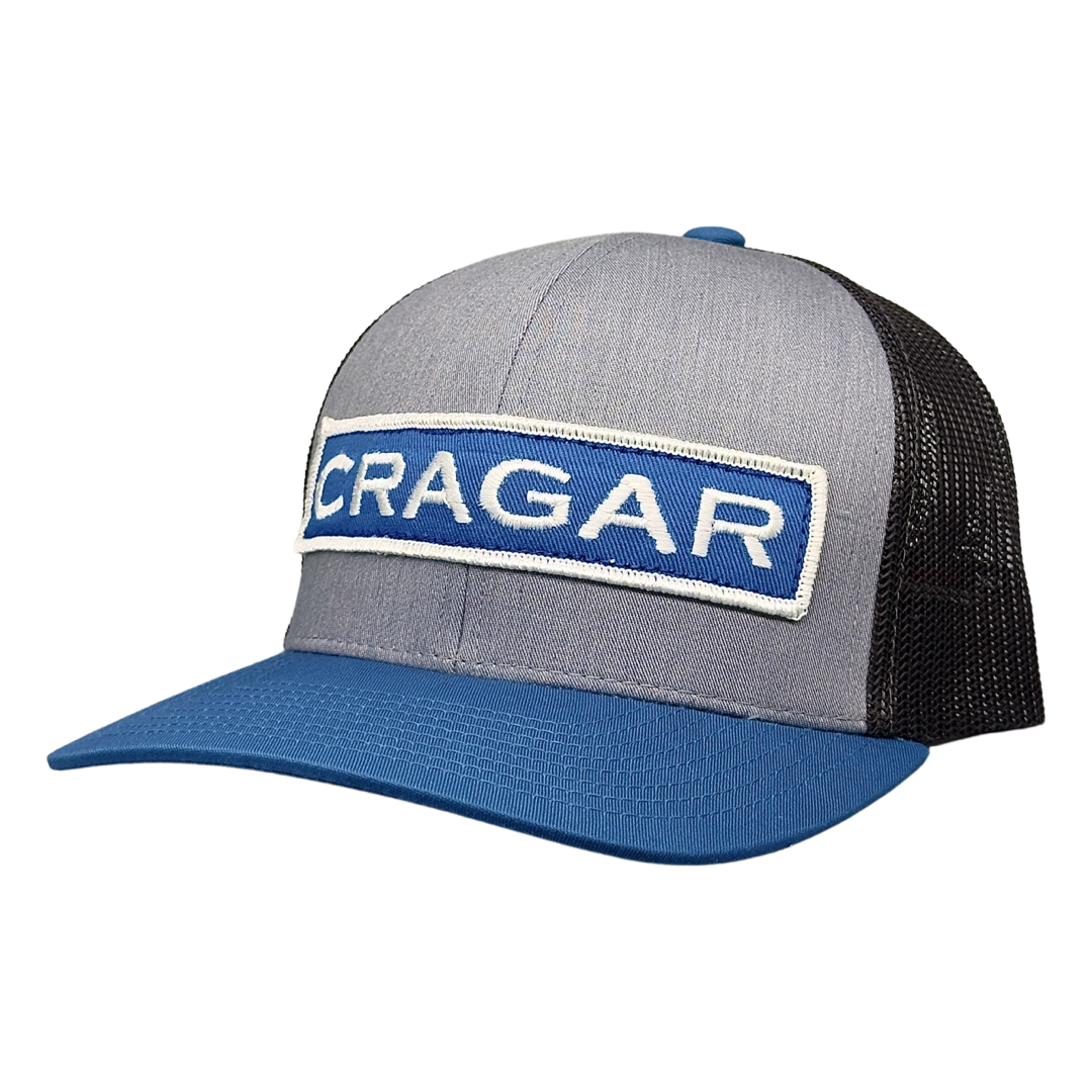 Vintage Cragar Patch sewn onto New Pacific 104C Heather Grey Lt Charcoal Ocean Blue