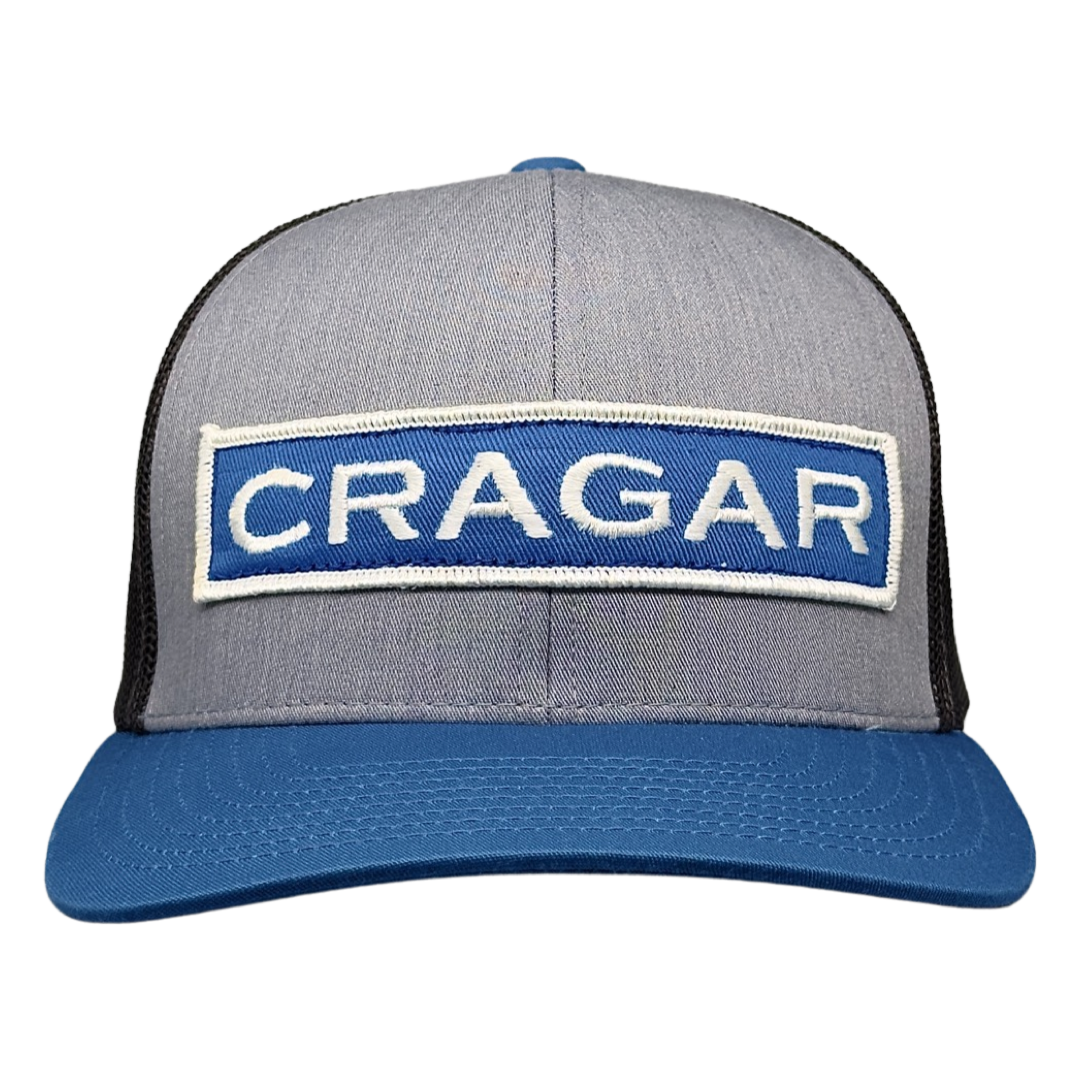 Vintage Cragar Patch sewn onto New Pacific 104C Heather Grey Lt Charcoal Ocean Blue