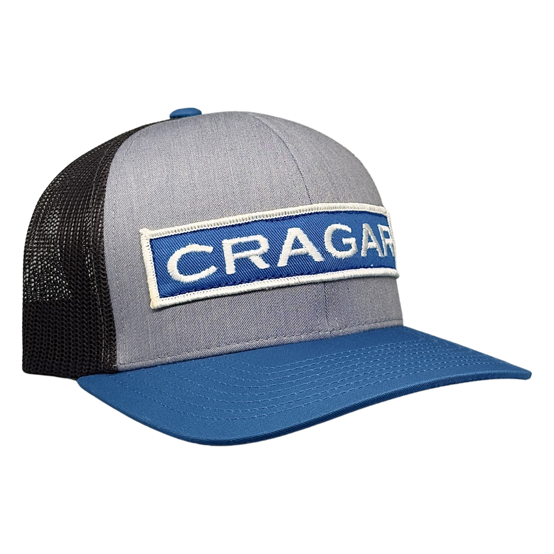 Vintage Cragar Patch sewn onto New Pacific 104C Heather Grey Lt Charcoal Ocean Blue