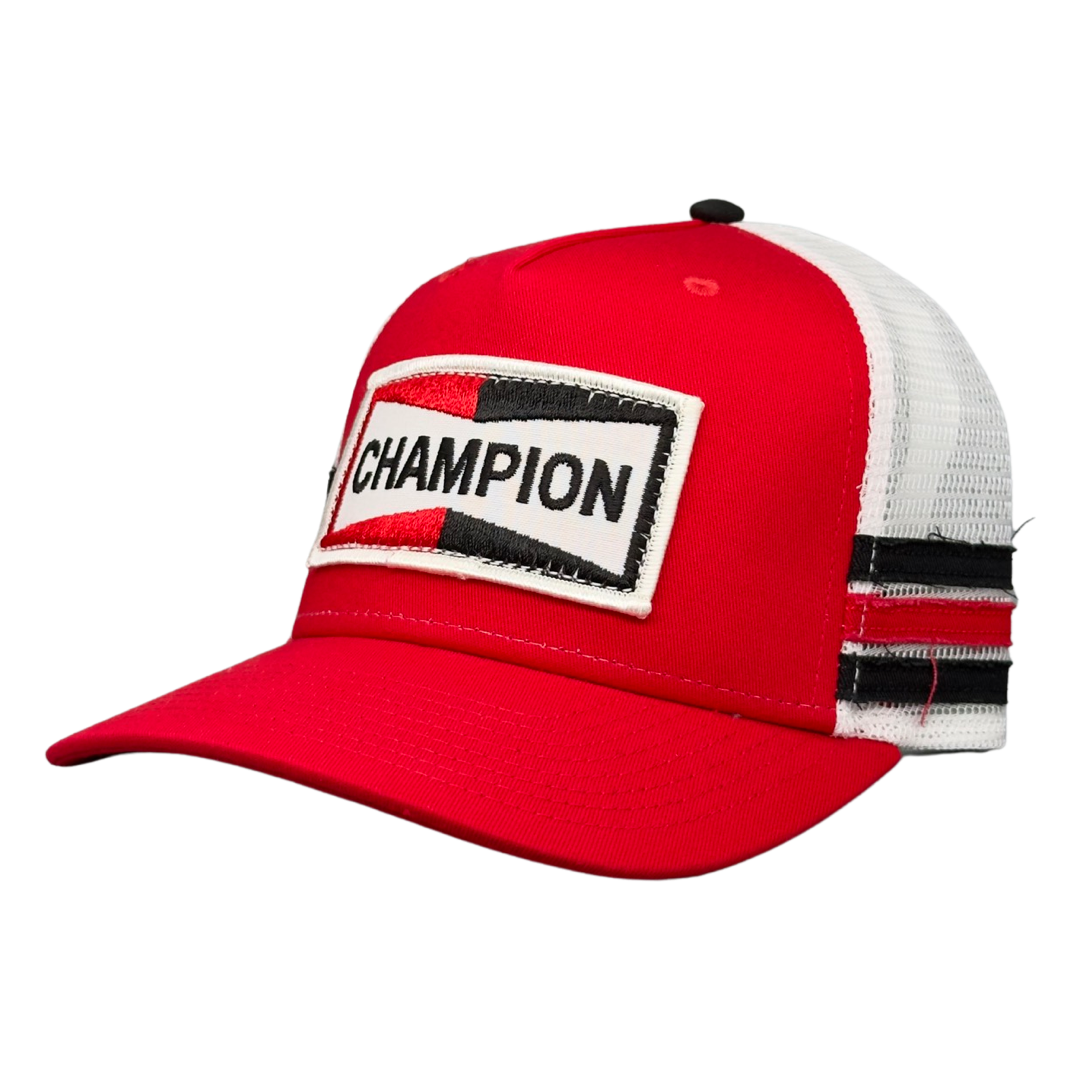 Vintage Champion Spark Plugs Patch sewn onto New Dome Trucker Hat Red White Black 3 Stripe