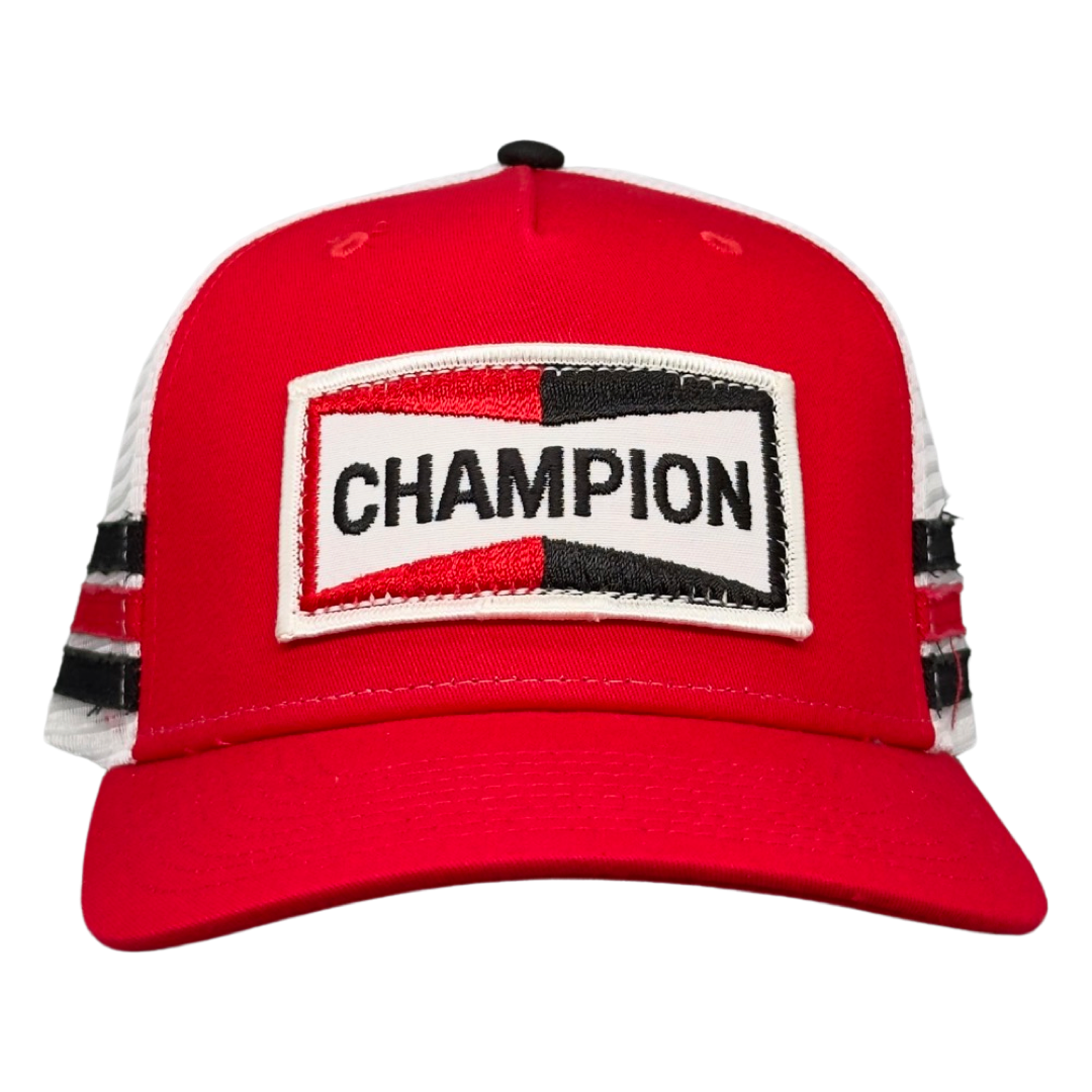Vintage Champion Spark Plugs Patch sewn onto New Dome Trucker Hat Red White Black 3 Stripe