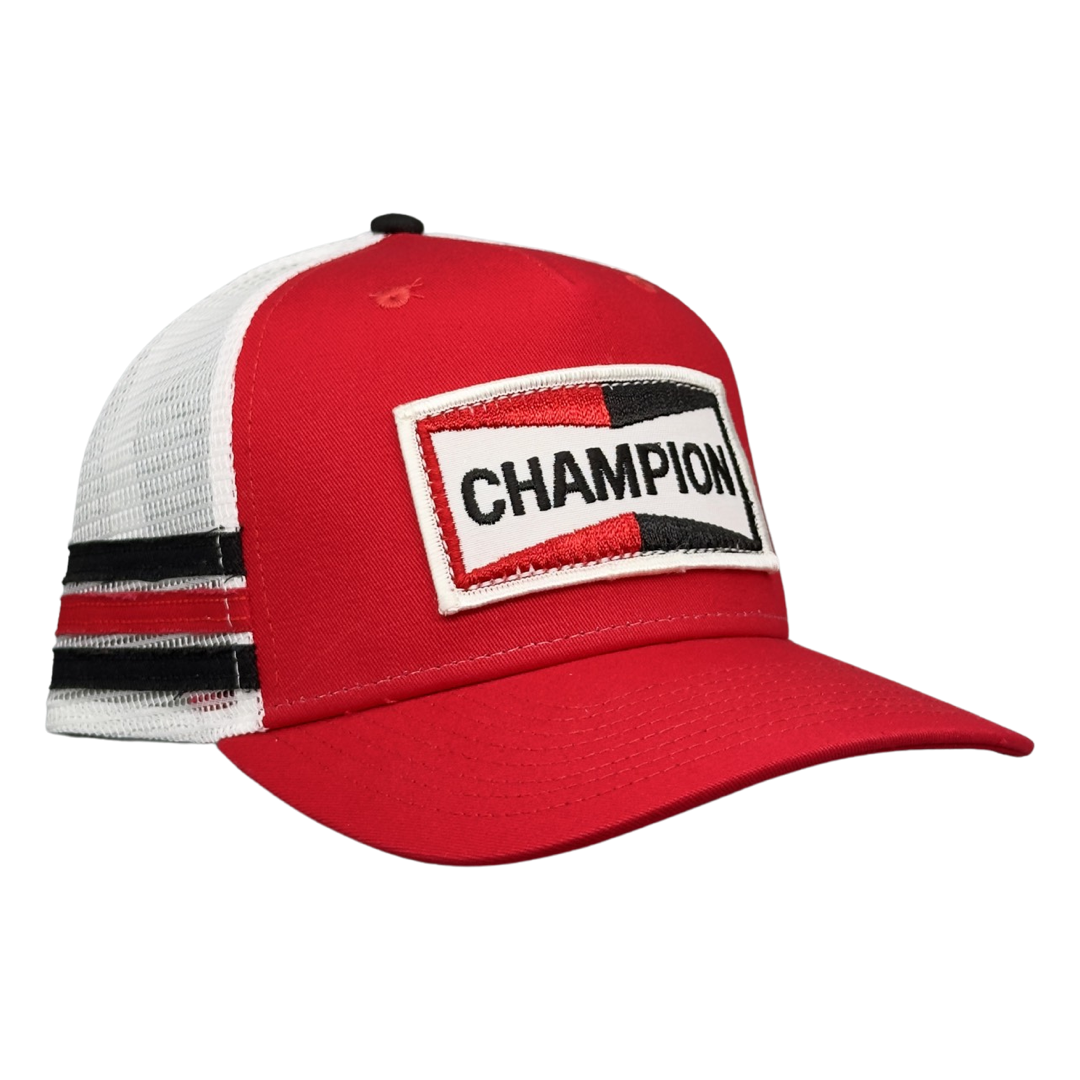 Vintage Champion Spark Plugs Patch sewn onto New Dome Trucker Hat Red White Black 3 Stripe