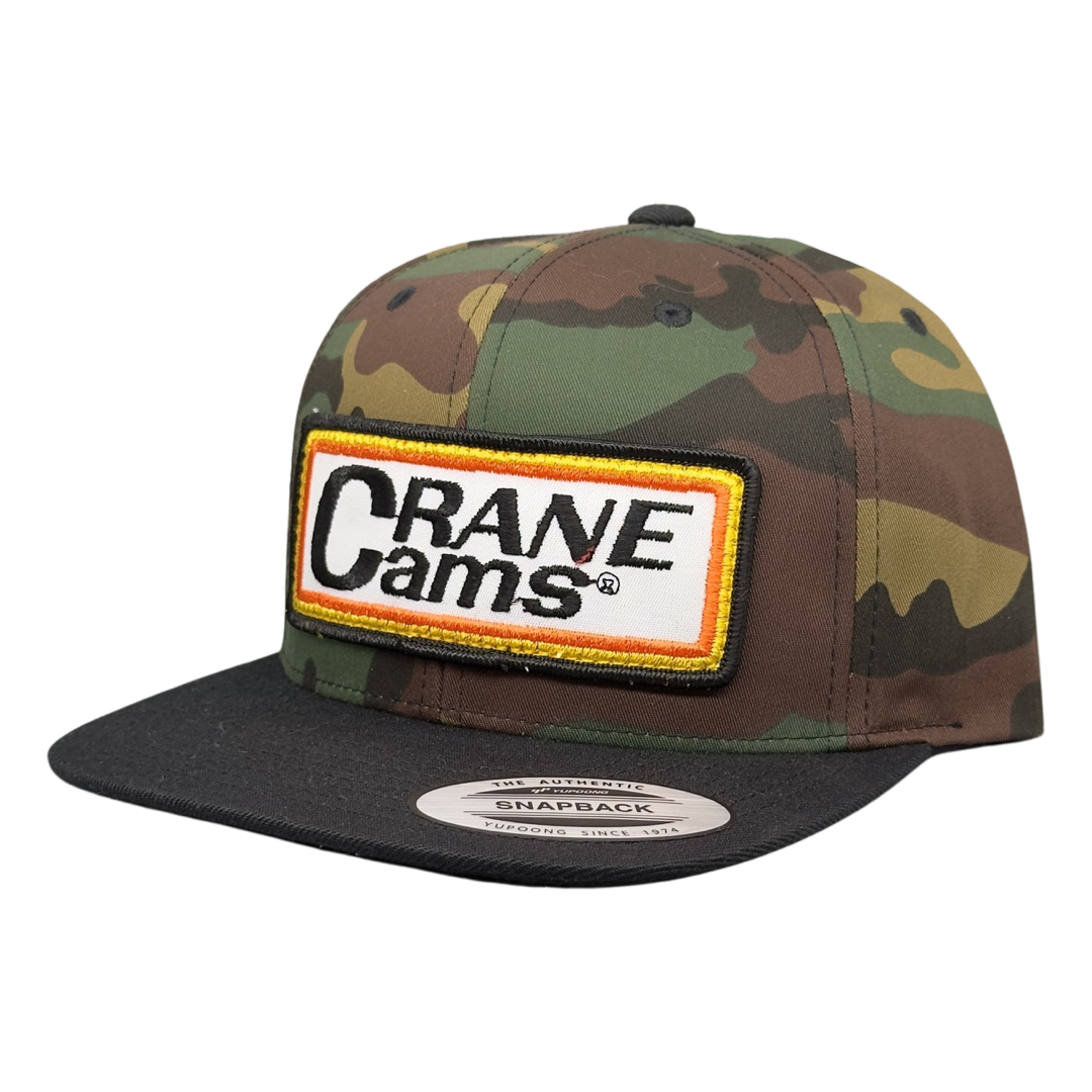 Vintage Crane Cams Patch sewn onto New Yupoong 6089 Camo Black