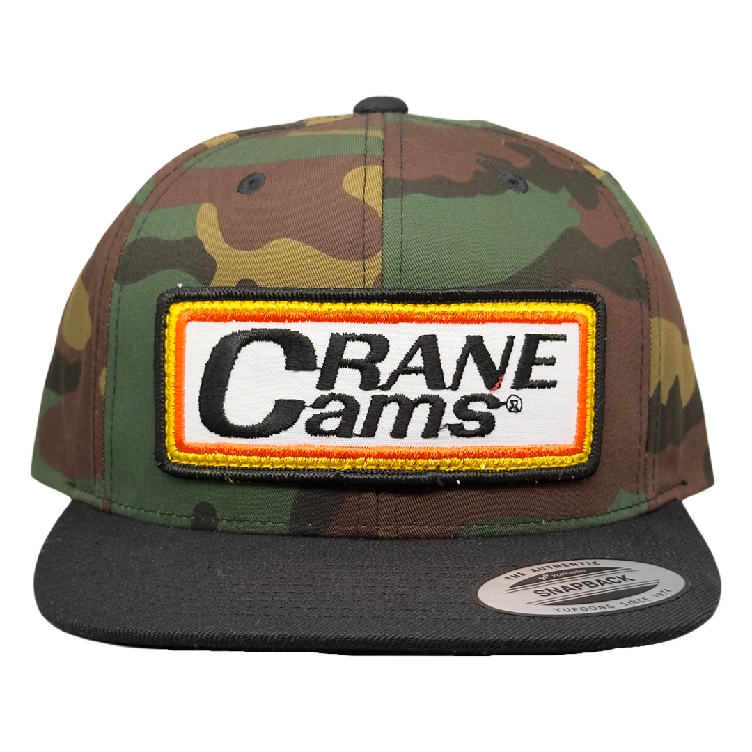 Vintage Crane Cams Patch sewn onto New Yupoong 6089 Camo Black