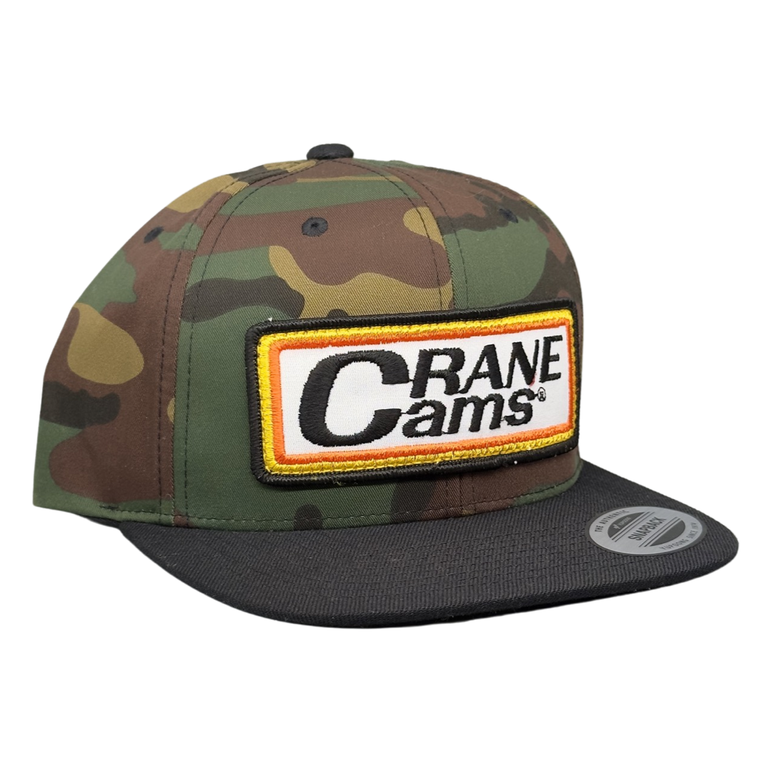 Vintage Crane Cams Patch sewn onto New Yupoong 6089 Camo Black