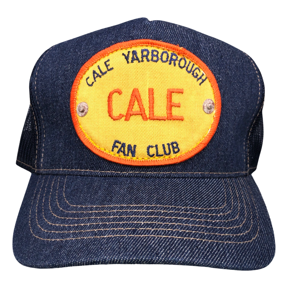 Vintage Cale Yarborough Patch sewn onto New Denim Trucker Hat + Rivets