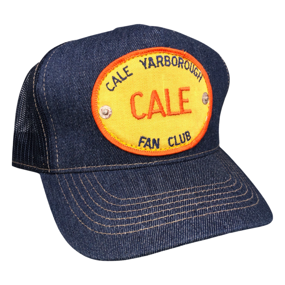 Vintage Cale Yarborough Patch sewn onto New Denim Trucker Hat + Rivets