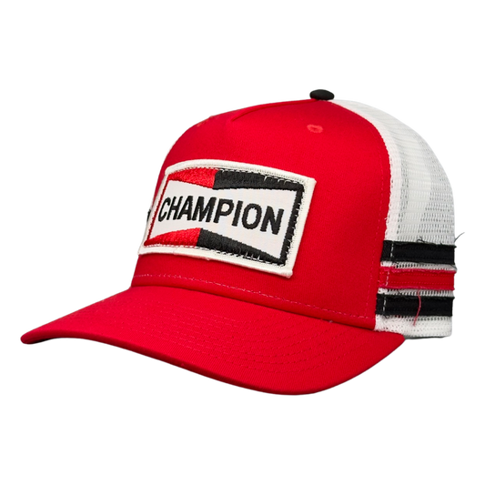 Vintage Champion Spark Plugs Patch sewn onto New Dome Trucker Hat Red White Black 3 Stripe